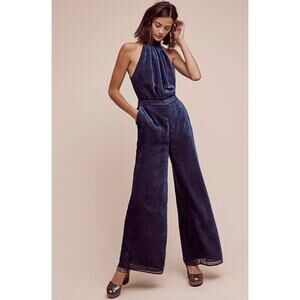 Elevenses Navy Velvet Halter Jumpsuit Wide Leg Partywear Anthropologie 90s Glam